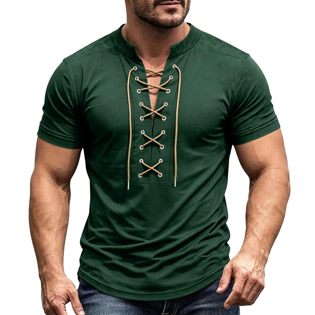 Camisa Casual Retro de Manga Corta con Cuello en V y Cordones para Hombre