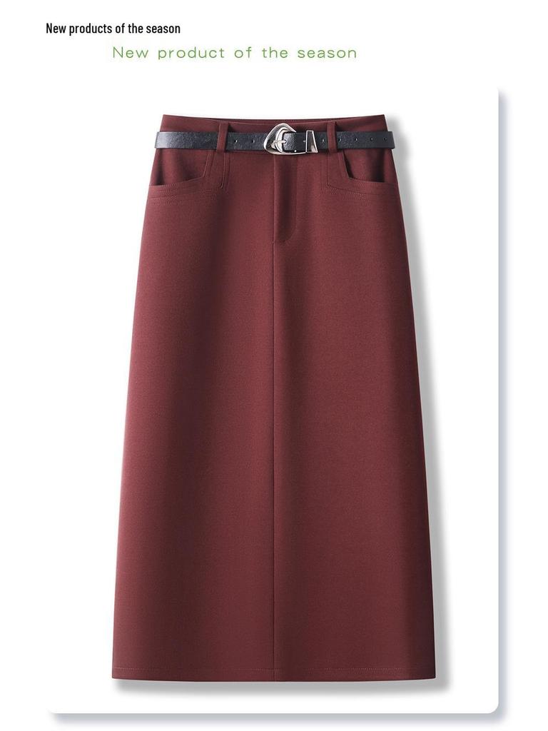 Women's 2024 Khaki Wool Midi Skirt: New Autumn/Winter Straight-Cut, Mid-Length Slit, Bodycon Design.