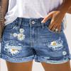 Women's High Rise Denim Shorts Loose Fit Daisy Floral Patchwork Distressed Frayed Cuffed Jean Shorts