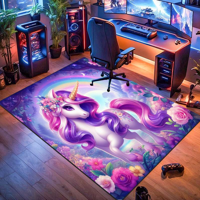 Rainbow Unicorn Floral Print Non‑Slip Rug, Fantasy Art Decor Carpet for Living Room Bedroom Home Decoration