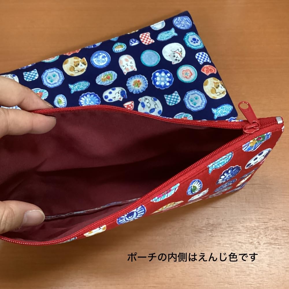 Kyosuke Made in Japan Large Cotton Pouch for Cosmetics and 23 x Small Item Cat and Dish Red Makeup, Approx. 13.5cm, Travel, Storage, Gusseted, Design,