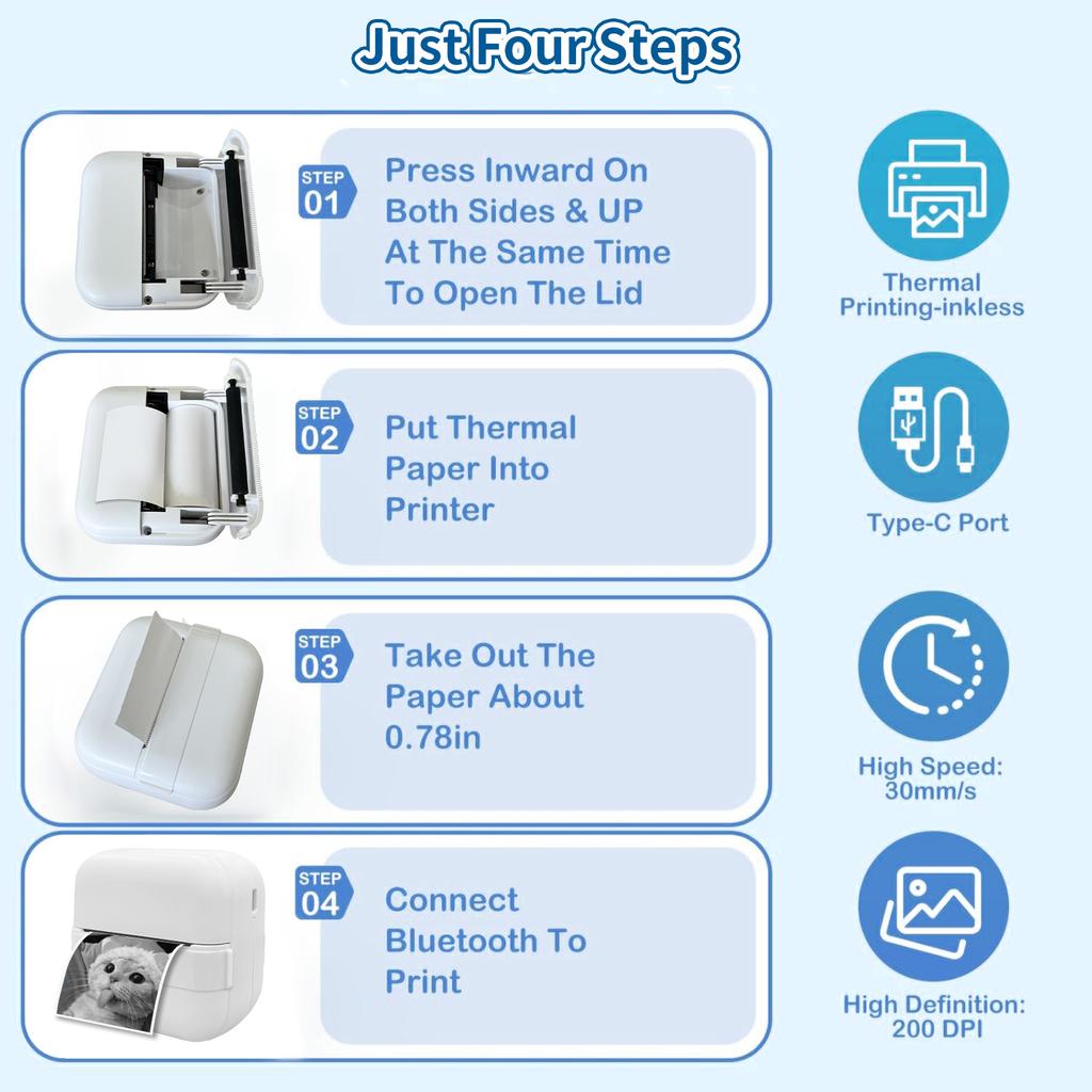 Mini Portable Wireless Printer X18 With 5 Rolls Paper Bluetooth Phone Connection HD 200dpi Photo/Document Printing