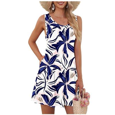 Women Summer Dresses Casual Loose O-Neck Sleeveless Short Dress With Pockets Holiday Vacation Print Beach Sundress