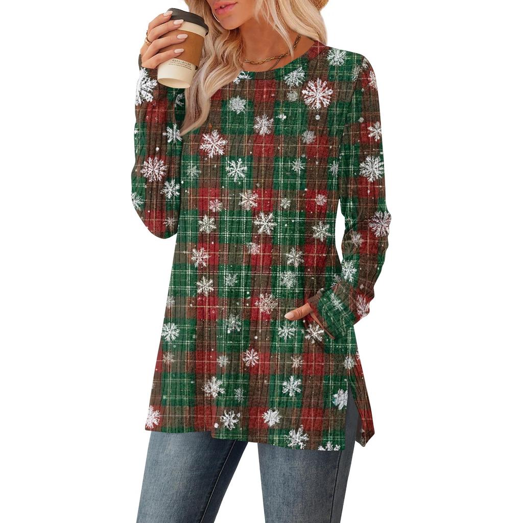 Women's Checkered Printed Round-neck Long-sleeved Top With Pockets And Side Slits
