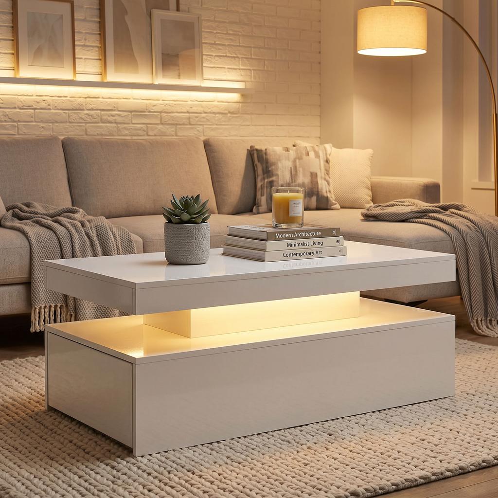 LED Coffee Table with Storage, Modern 2-Level Living Room Table with 2 Drawers, High Gloss White