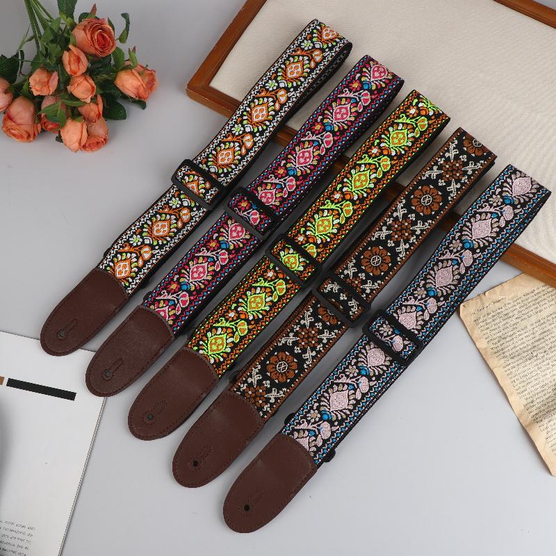 Guitar Strap Bass Cotton Leather Embroidery Straps Adjustable Neck Strap Electric Acoustic Guitar Bass Accessories