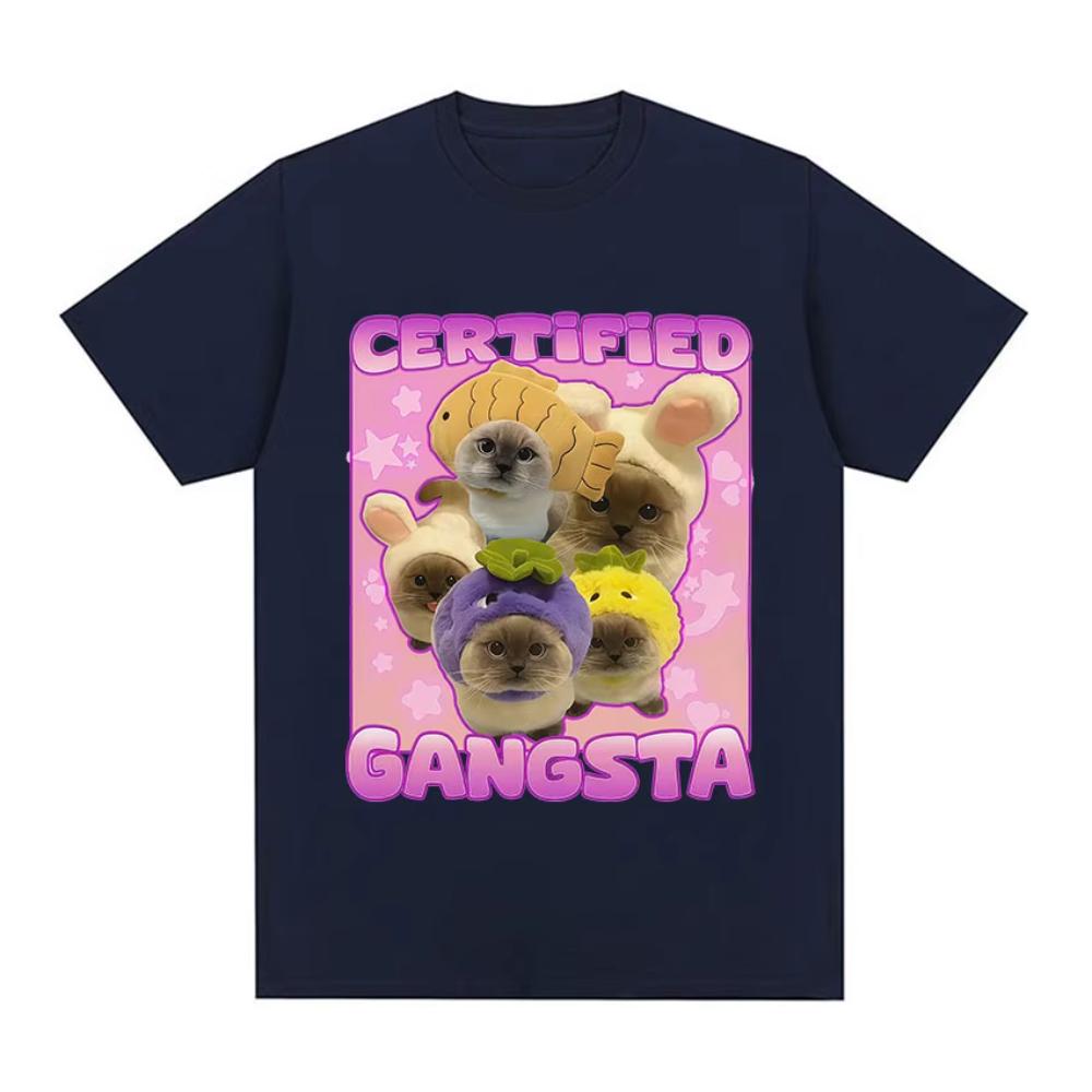 Certified Gangsta Funny Cat Meme T-shirts Men Women Cute Style Cotton Short Sleeve T Shirts Casual Oversized O-Neck Tops T Shirt