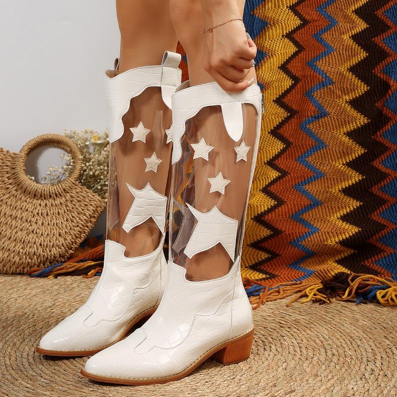 Damskie Zimowe Modne Kozaki za Kolano z Ostrym Czubkiem, Patchwork z PVC, Obcas Blokowy, Niski Obcas i Duży Rozmiar