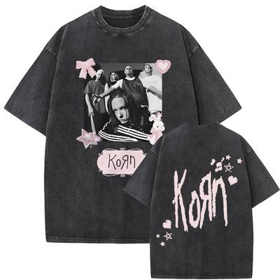 Washed Vintage Rock Band Korn Graphic Print T-shirt Male Metal Music Oversized T-shirts Men Women Kawaii Cute Pink T Shirt