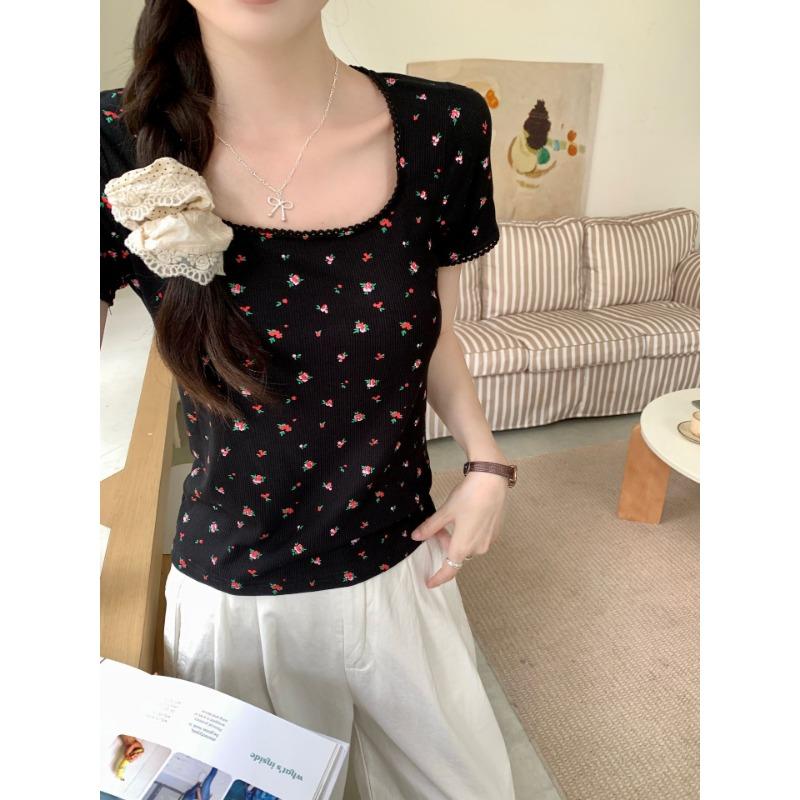 

Универсальная рубашка с квадратным воротником спереди на плечах с цветочным принтом и короткими рукавами, облегающая летняя основа, короткий топ L чёрный