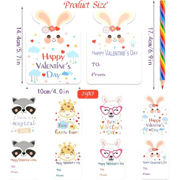 

CCINEE 24 Pack Valentines Day Cards with Rainbow Pencils for Kids, Valentines Animal Unicorn Card with 24Pcs Pencils for Valentines Party Favor
