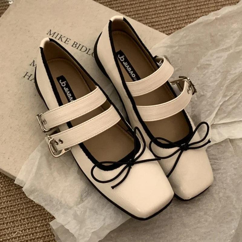 Fashion Vintage Square Toe Buckle Design Mary Jane Shoes Women Fashion Shallow Bow Brand Ballet Flats Comfortable Concise Casual Shoes