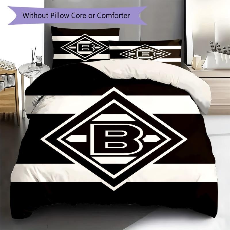 Gladbach Club Logo Black White Horizontal Stripe Print 3 Pieces Duvet Cover Set Soccer Fan Bedding Bedroom Home Decor Without Pillow Core