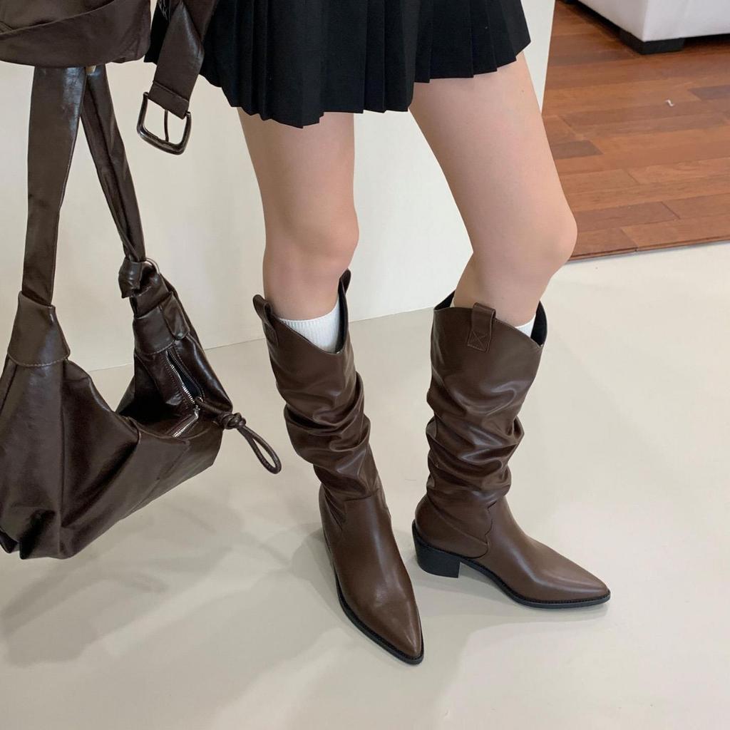 Pointed thick-heeled boots 2025 autumn western pleated stacking boots V-mouth but knee-high small boots