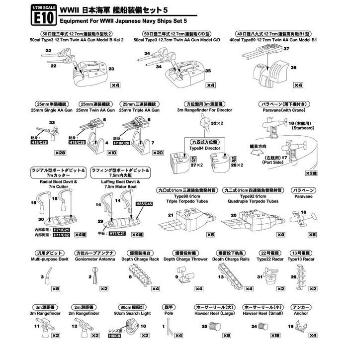 Pit Road 1/700 E Series WWII Imperial Japanese Navy Ship Equipment Set 5 Plastic Model Parts E10, Pre-Colored, Small
