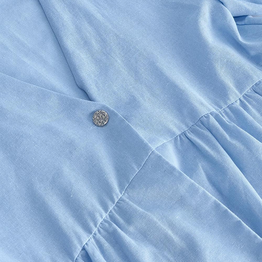 Spring and Summer New Sweet Solid Color Set Cotton V-neck Top Puff Short Sleeve Long Pants 2-piece Set