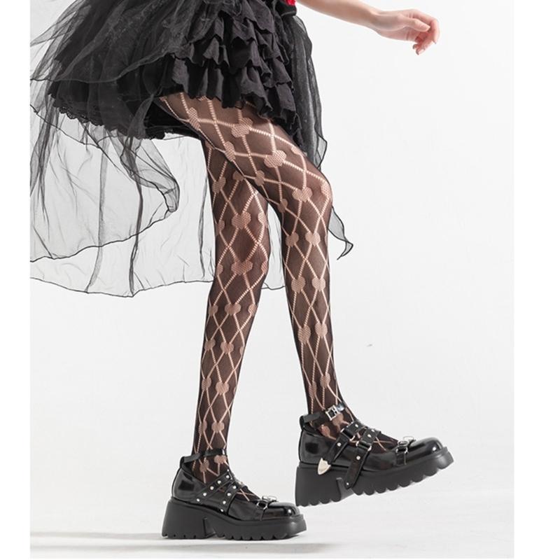 Women Sexy See Through Fishnet Pantyhose Stockings Japanese Harajuku Hollowed Heart Diamond Pattern Mesh Tights Leggings