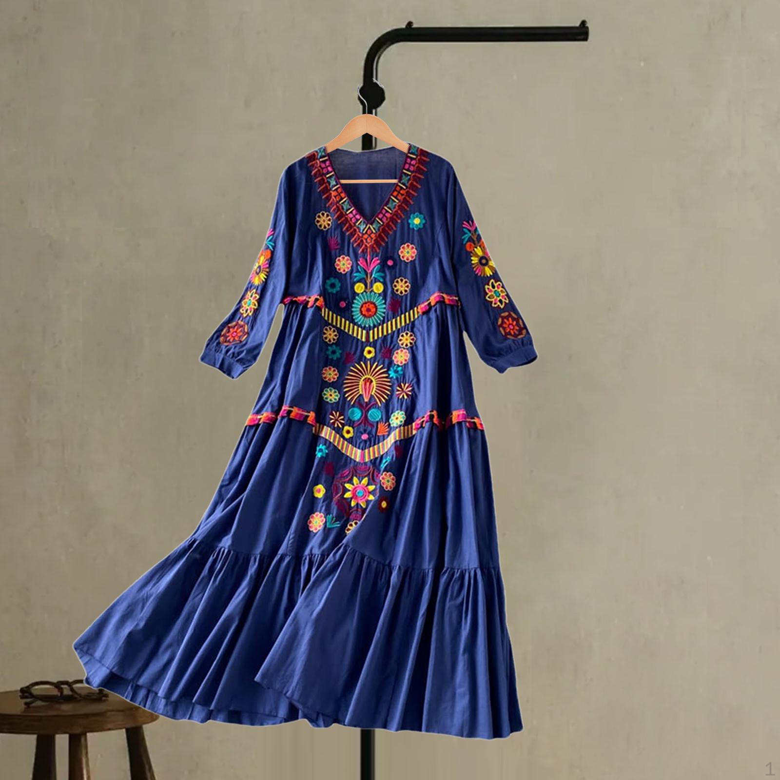 

Пляжное платье женское с рукавом 3/4 и V-образным вырезом для уличных фестивалей пляжная одежда для путешествий 108cm Length синий