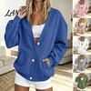 Women Casual Jacket Button Front V-Neck Cardigan, Solid Color Oversized Sweatshirt with Spring Autumn Cardigan Dual Pockets, Long Sleeve for
