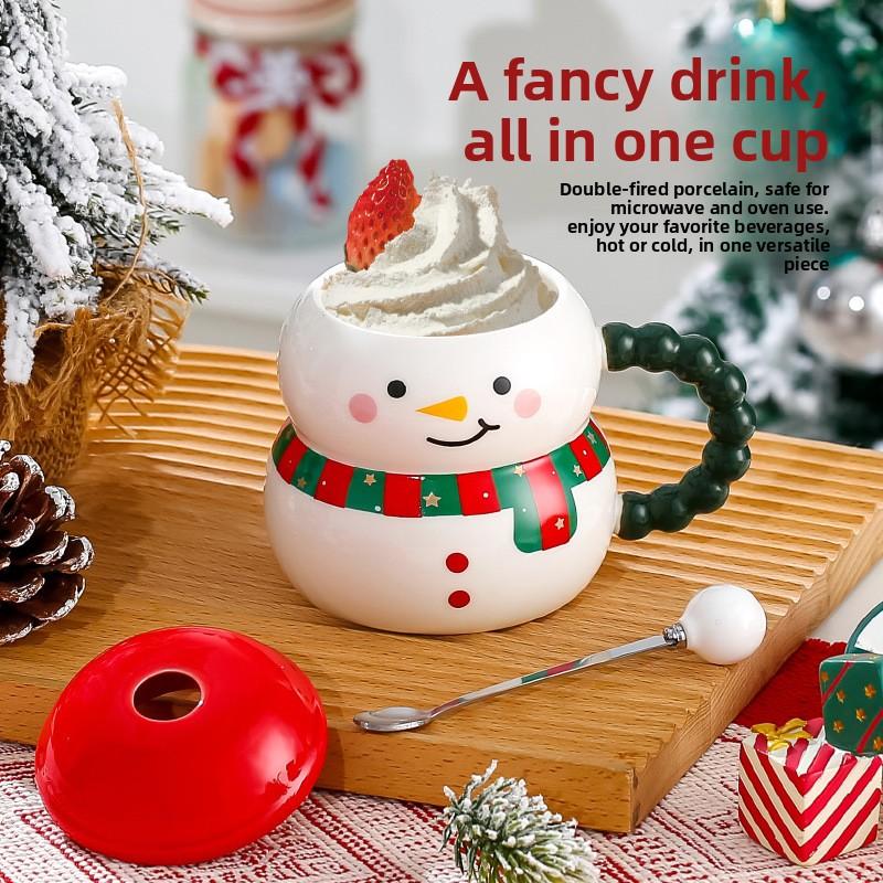 Cute Santa Claus Snowman Ceramic Coffee Cup Christmas Gift Couples Home Use Mug with Lid Spoon Couple Water Cup Home Decoration