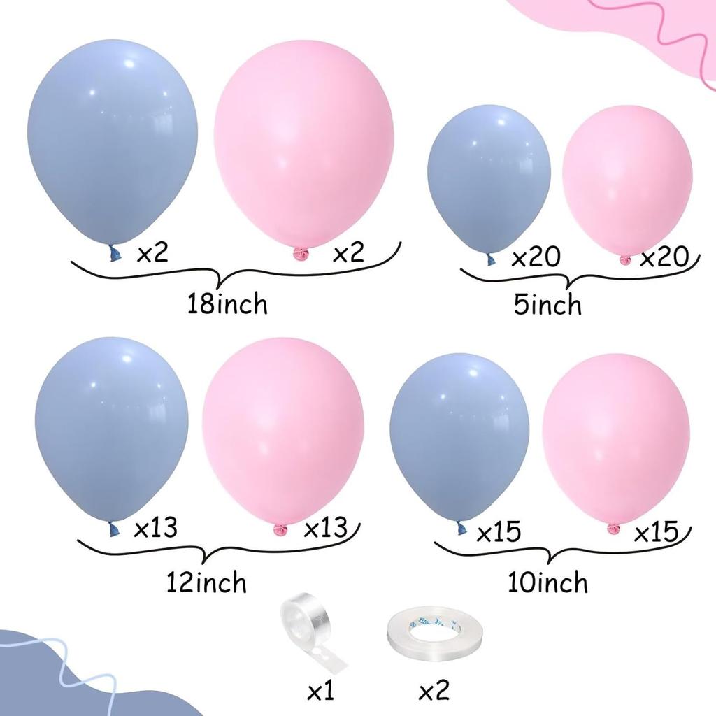 Pink and Blue Balloon Arch Kit, 100pcs Light Blue Macaron Pink Balloon Garland Kit for Gender Reveal, Different Sizes Baby Blue Pastel Pink Balloons
