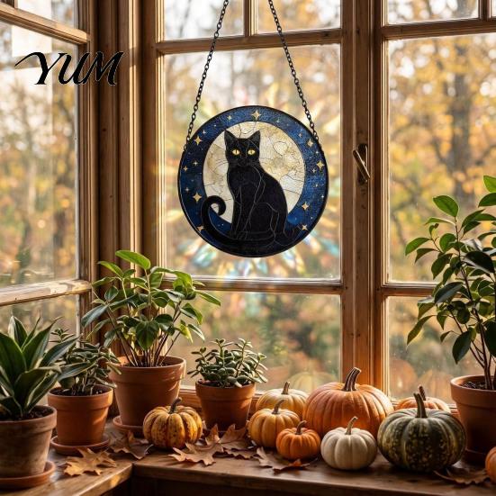 Unique Birthday Gift for Her Halloween Moon Black Cat Suncatcher Jigsaw Puzzle, 2D Acrylic Mystical Feline Window Hanging Tiffany Style Light