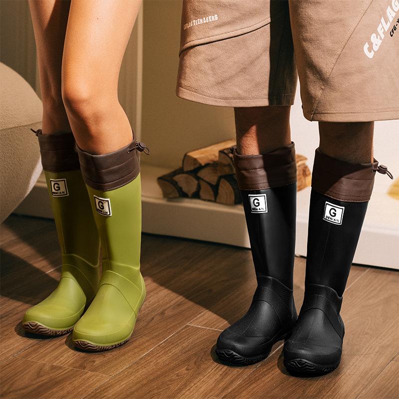 Fashion Travel Parent-child Rain Shoes Bundle Black Tall Flat-soled Waterproof Shoes Splash Non-filling Wind Vertical Pattern Travel Water Boots