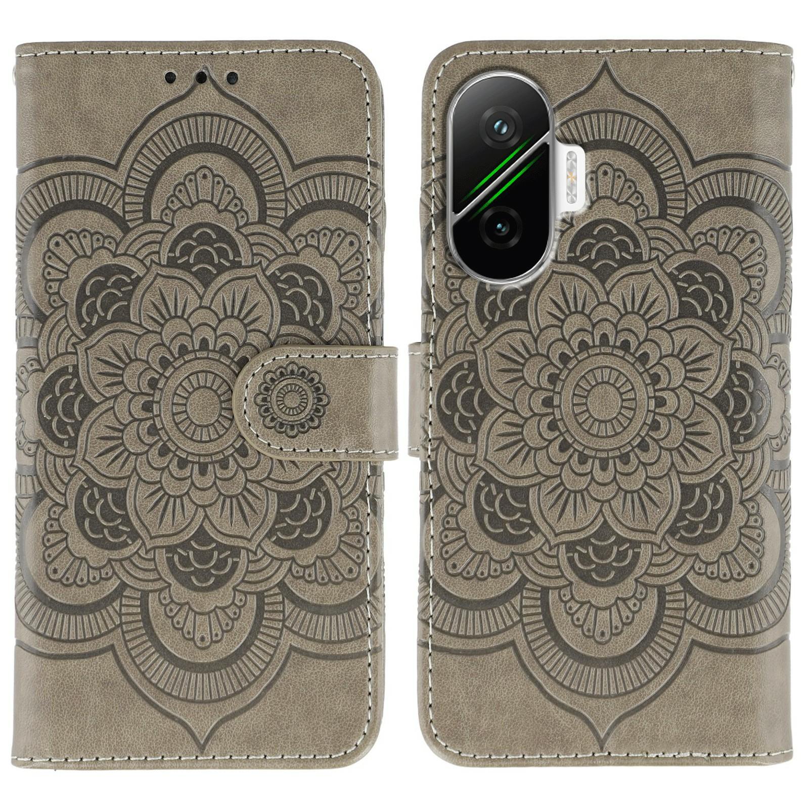 

For Xiaomi Poco F7 5G/Redmi Turbo 4 Pro 5G Case PU Leather Mandala Imprinted Design Wallet Phone Cover with Wrist Strap Grey