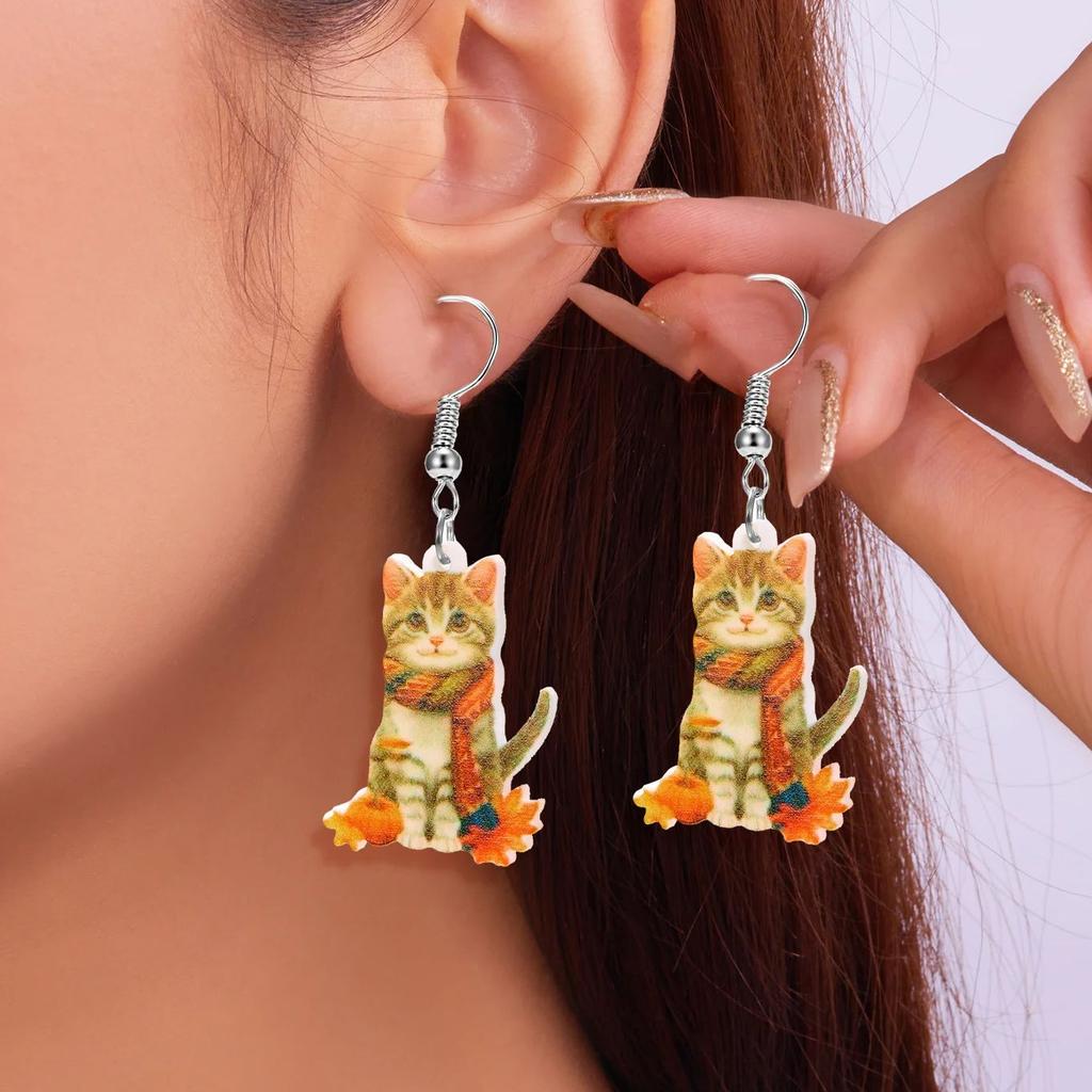 Cartoon Scarf Cat Print Acrylic Earrings for Women  Cute Squirrel Pine Cone Pendant Earrings Unique Jewelry Accessories