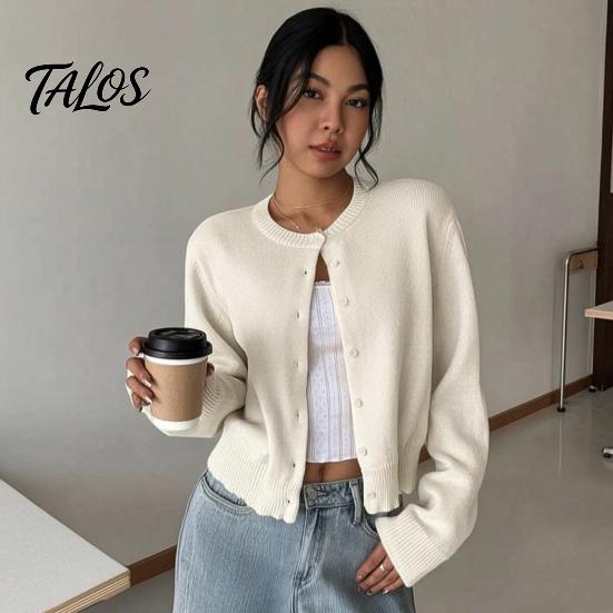 Maglia Lunga Manica Lunga Donna Cardigan Corto a Maglia, Top con Bottoni, Maglione Leggero Casual Girocollo per Primavera Autunno Aperto Davanti