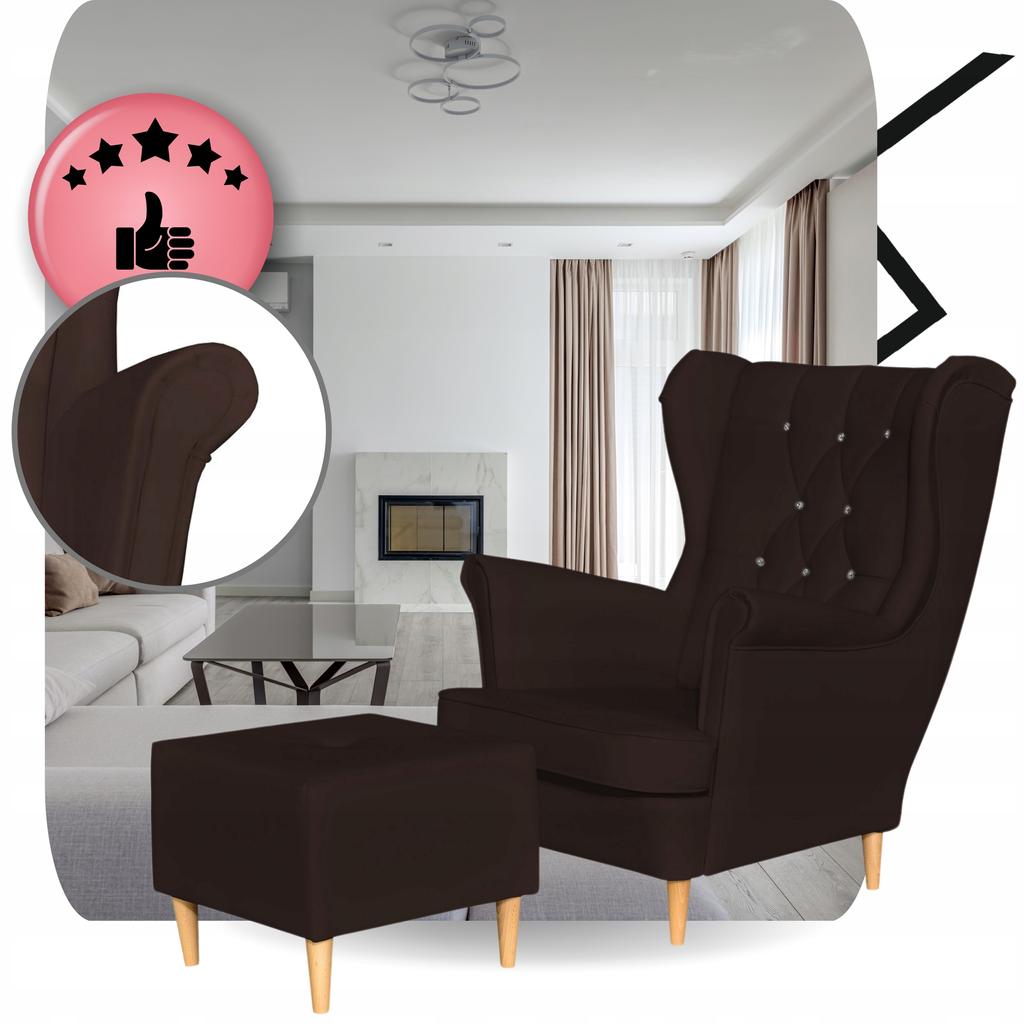 Fotel Uszak eko skóra Gaja z podnóżkiem Skandynawski Family meble brąz ciemny