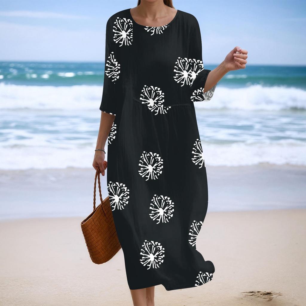Women's Fashionable Printed Round Neck Seven Quarter Sleeve Loose Dress