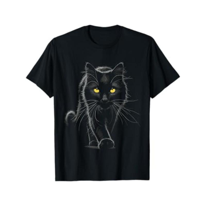 European Sizes Adult's Casual Crew Neck T-Shirt - Black Cat Print, Smooth Fabric - All-Season Wear | Regular Fit | Positioning Printing