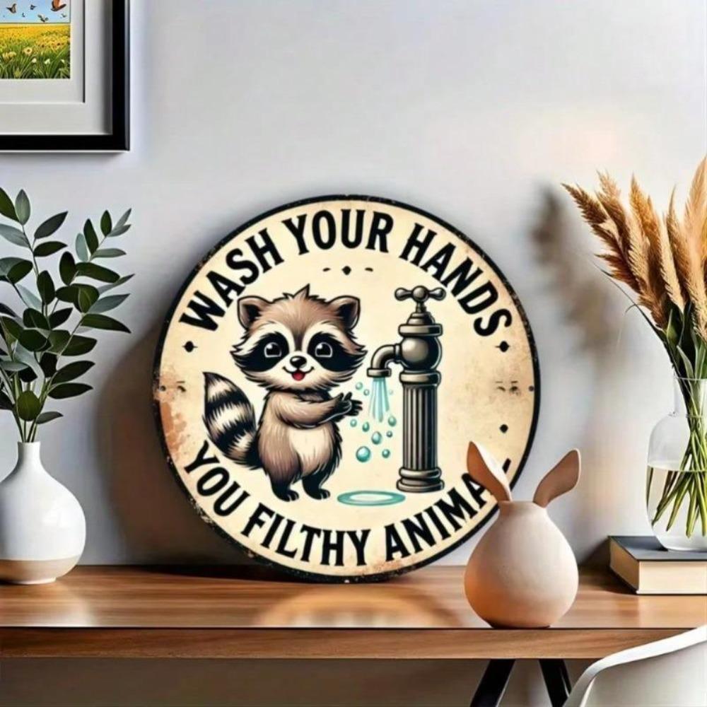 Raccoon Washing Hands Metal Sign Vintage Round Wall Art Rustic Iron Decor