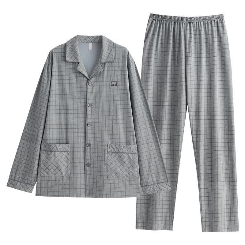 Pajamas Men'S Spring And Autumn Pure Cotton Long-Sleeved Autumn Plaid High-End Sense Can Be Worn Outside Qingzhong Spring Loungewear Suit