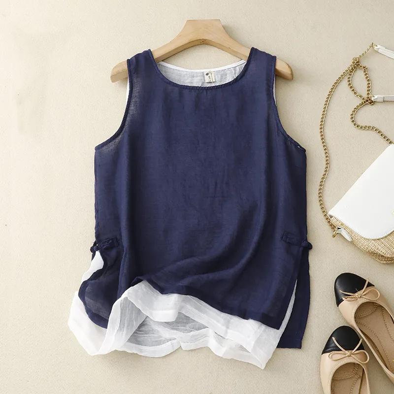 

Women s Summer Loose-Fit Button-Front Underlay Top Ultra-Thin Double-Layer Linen Tank Top 2XL темно-синього кольору