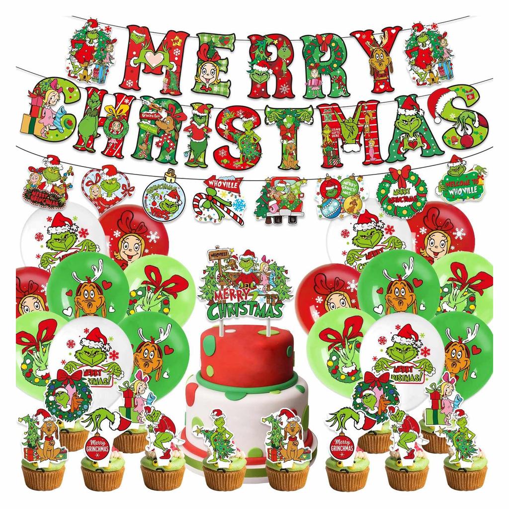 Weihnachtsparty Dekoration Set Banner Kuchenaufsätze Cupcake-Spieße Luftballons Feiertagsthema Partyzubehör für festliche saisonale Feiern