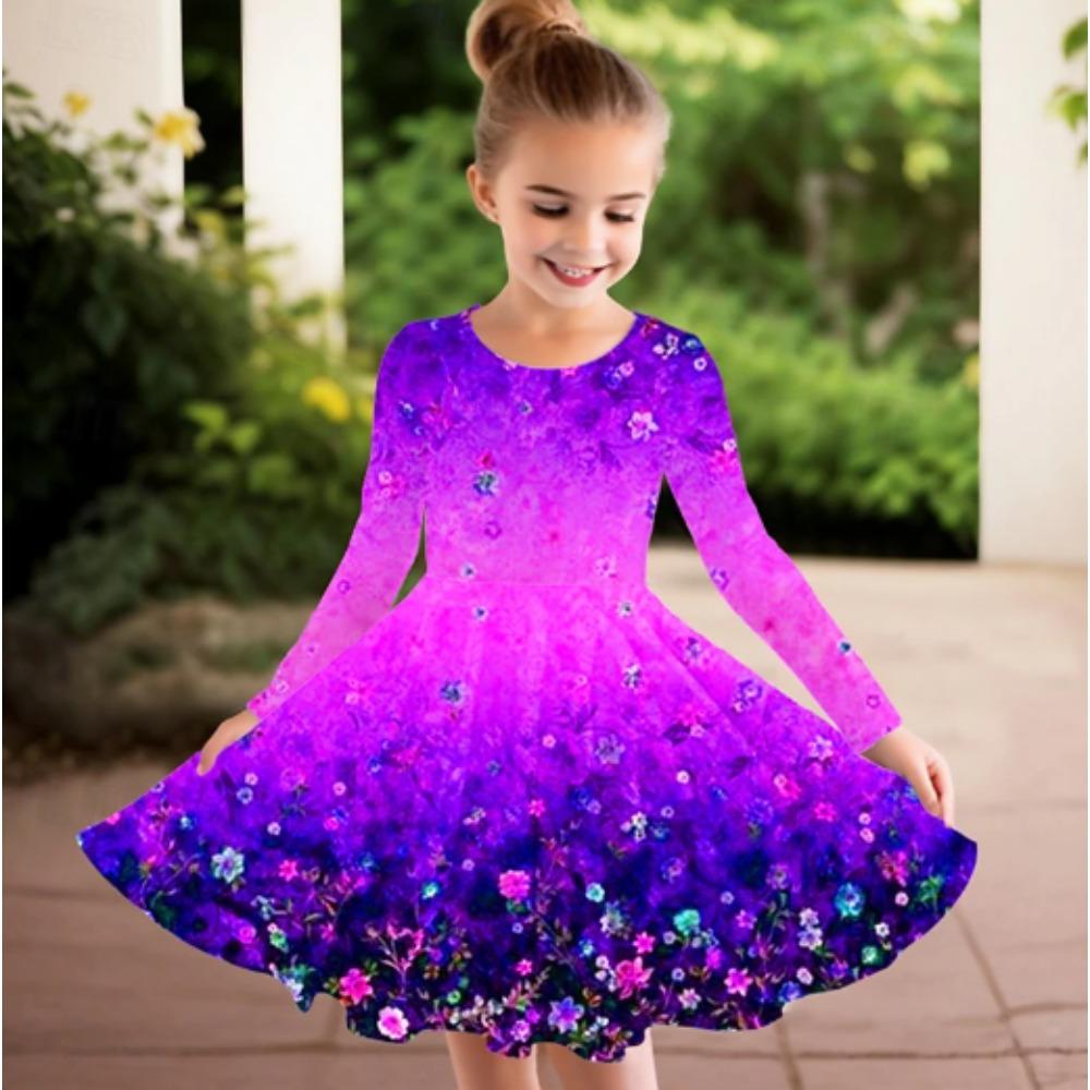 Girl Casual 3D Gradient Floral Print Round Neck Long Sleeve Dress Kid Princess Dress