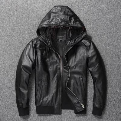 Chinese Size Men Leather Jacket Hooded Soft Natural Cowhide Genuine Leather Coat Hood Man Clothes Spring Autumn Clothing