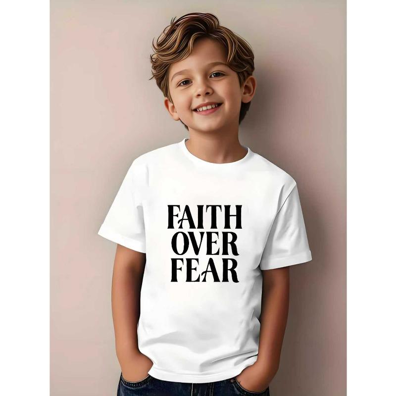 

European sizes A Inspirational T-Shirt for Boys That Emphasizes Faith Over Fear - Navy Blue Short-Sleeve Round Neck Casual Summer Top 98cm белый