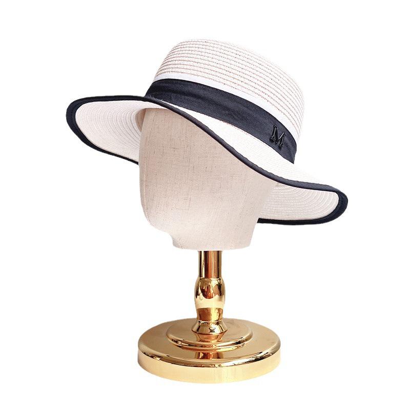 Burlap Head Mold with Gold & Silver Base - Short Neck Fabric-Wrapped Hat & Wig Display Stand