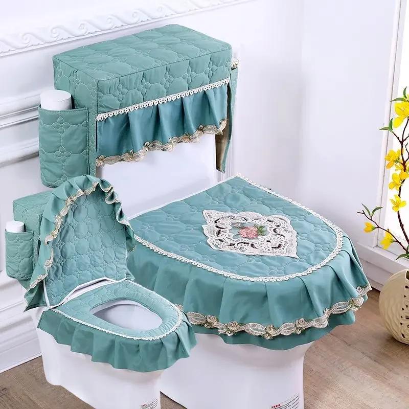 Lace 3D Embroidered Toilet Three Piece Set U-shaped Zipper Closestool Cover with Storage Bag Feather Wave Edge Dust Cushion