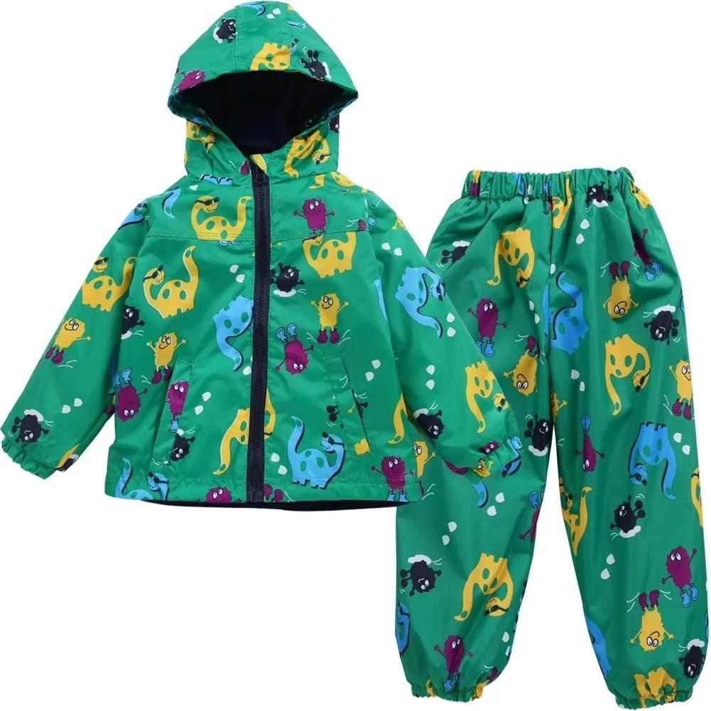 Herbst Winter Fleece innen Regenbekleidungssets für Kinder Cartoon-Aufdruck Regenmantel Jungen und Mädchen Verdickt Warm Wasserdichte Kleidung 90 grün