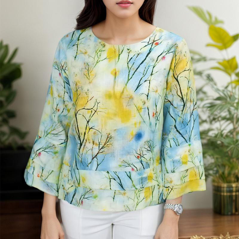 ZANZEA Women Casual Round Neck Loose 3/4 Sleeve Print Blouse