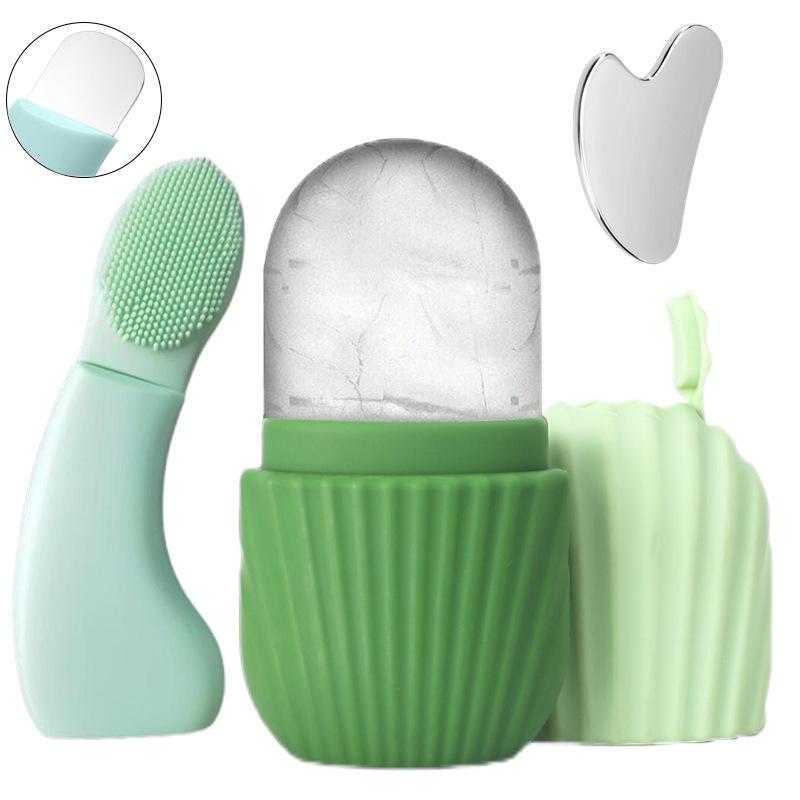 3-in-1 Facial Care Tool Kit, Ice Roller Mold, Silicone Cleansing Brush & Stainless Steel Gua Sha Set for Skin Depuffing & Cleansing