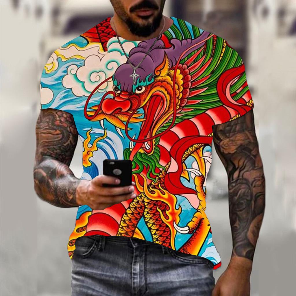 Summer Round Neck 3D Dragon Print Top Fashionable Casual Short Sleeved Men's T-shirts