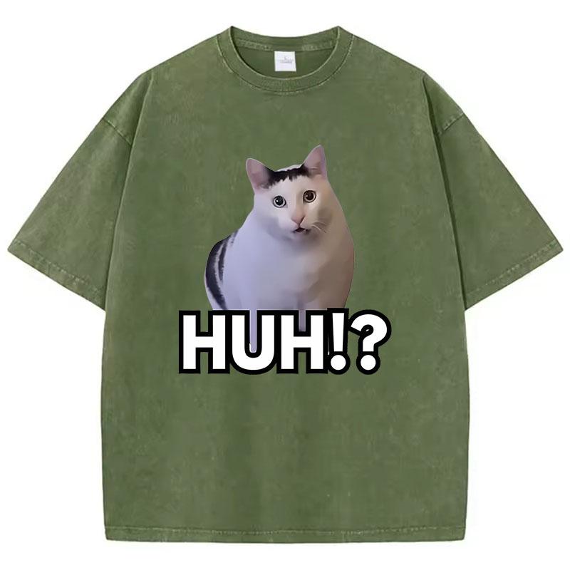 Manga T-Shirt Vintage Gewaschenes Baumwoll-T-Shirt Katze Sagt Huh Anime Grafik-T-Shirt Lässige Streetwear Frühling Sommer T-Shirt