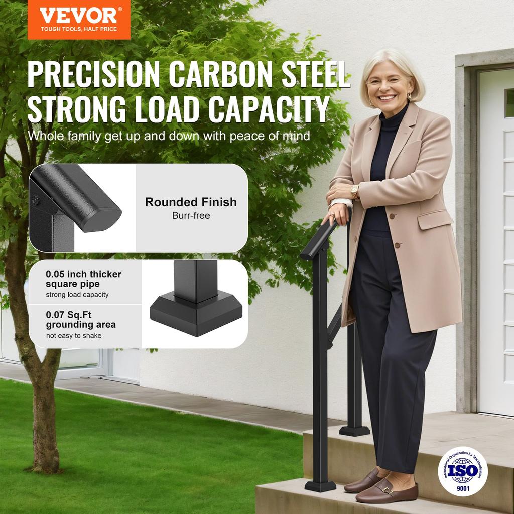 VEVOR Handrails for Outdoor Steps, 1-2 Step Stair Hand Rail Kit, Transitional Carbon Steel Railings with Installation Kit, Stair Rails for Seniors