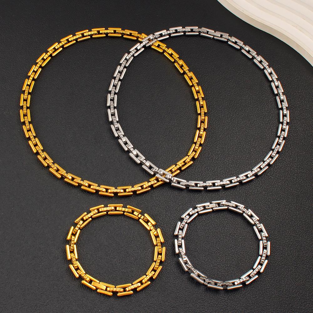 European Style 18K Gold Titanium Steel Square Link Necklace & Bracelet Set