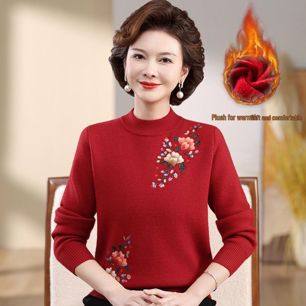 Mom's Velvet One-Piece Sweater for Women - Warm Embroidered Top for Middle-Aged & Elderly Women, Plus Velvet & Thickened for Autumn/Winter.